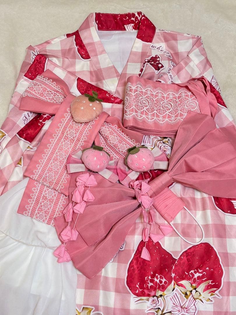 To Alice いちご姫浴衣セット ギンガムチェック ピンク5点セットSサイズ