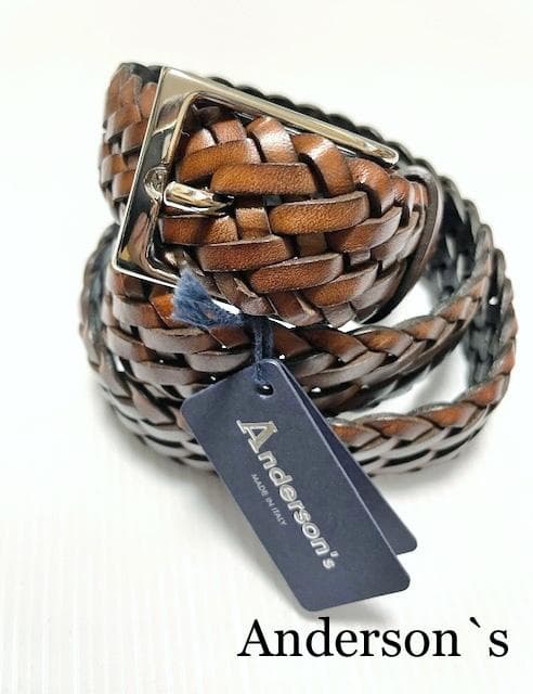 新品タグ付 アンダーソンズ アンティーク調ブラウンレザーメッシュベルト