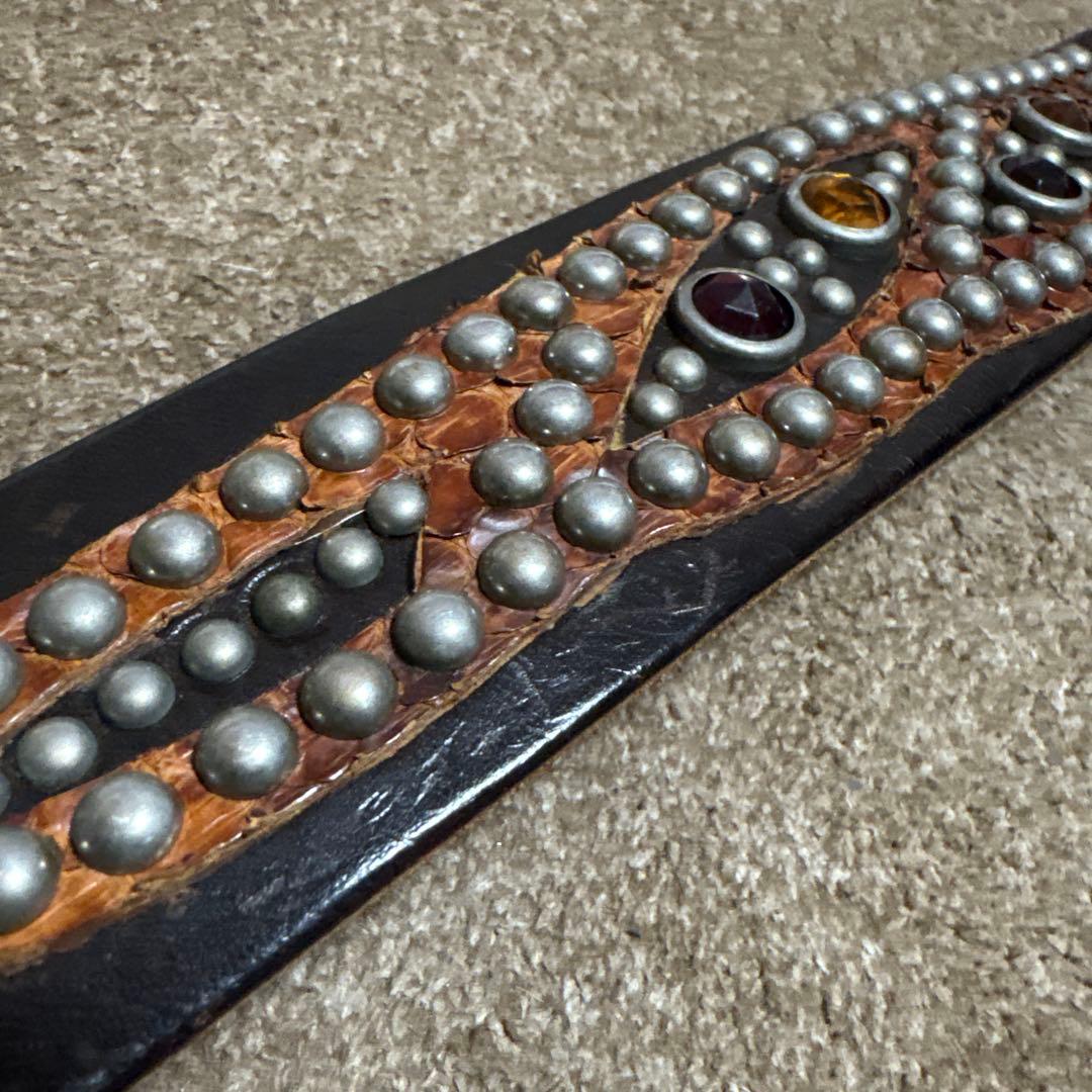 34inch HTC ウイング レザー スタッズベルト　茶芯　ブラック