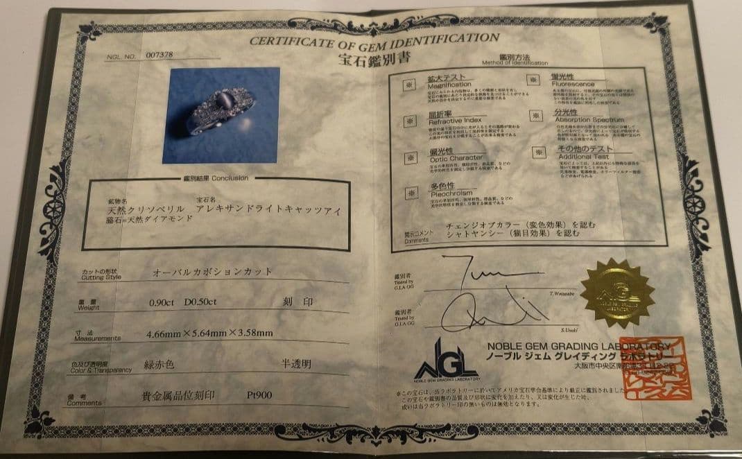 Pt900 アレキサンドライトキャッツアイ 4.3g 0.9ct 13.5号