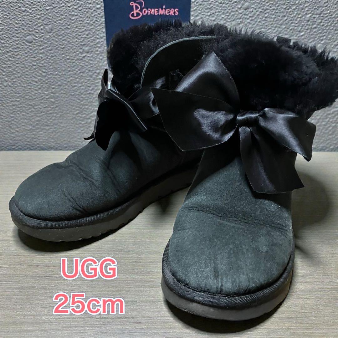 UGG リボン付きムートンブーツ 黒 25cm 正規品