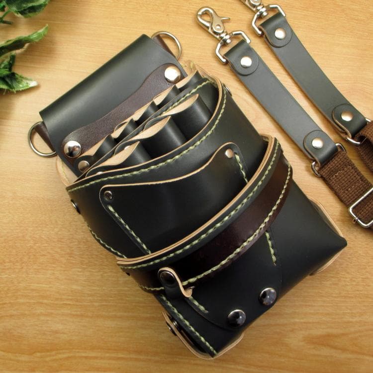 ダークグリーン＆焦げ茶　８丁差し　本革シザーケース　SCA-143/CGA