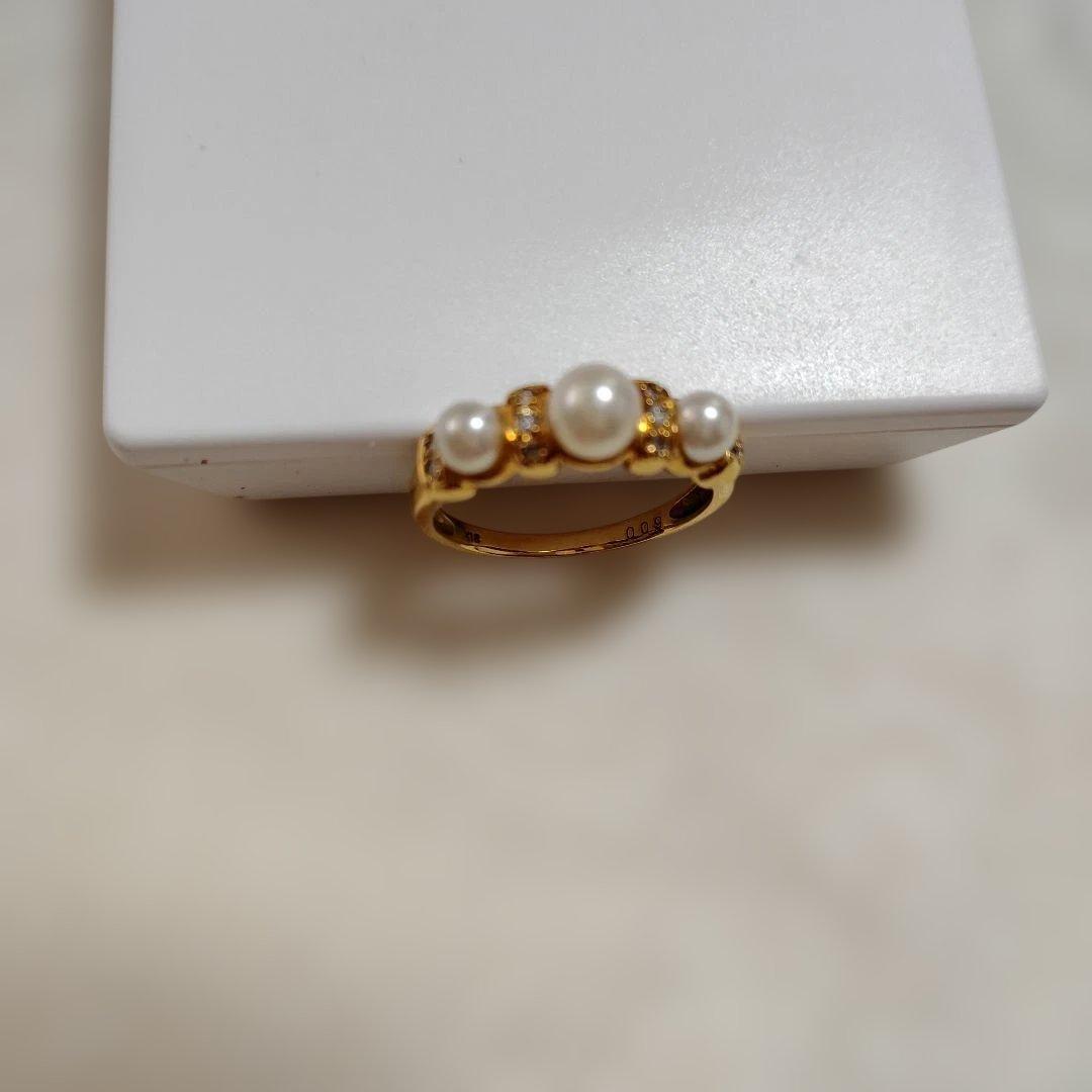 パール3珠ダイヤ入り・リング 16号。