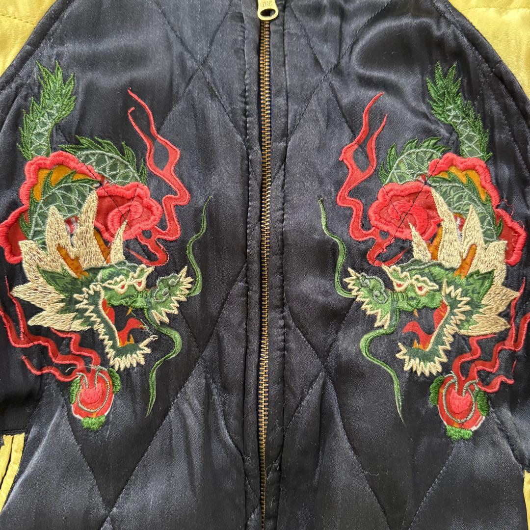 ヒューストン スカジャン M タイガー ドラゴン リバーシブル 刺繍 茶 黒 黄