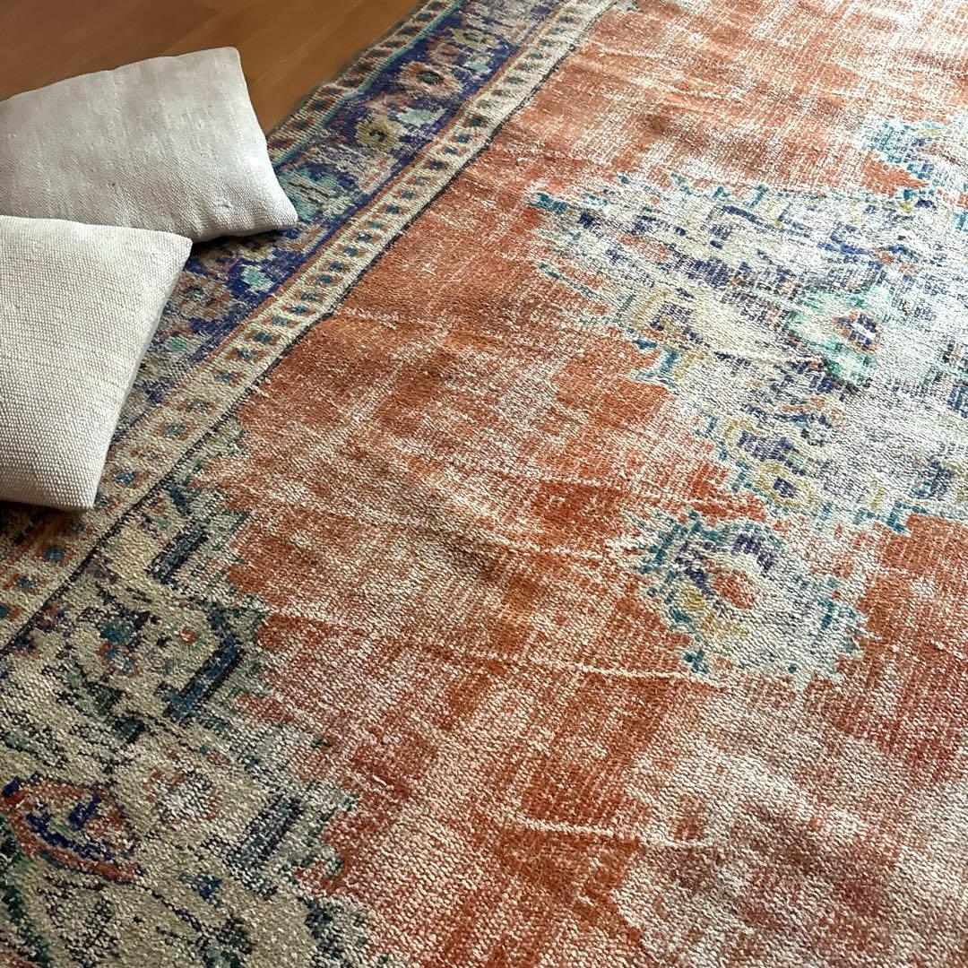 大判162×227 夕焼けオレンジ　貴重　メダリオン　トルコヴィンテージラグ