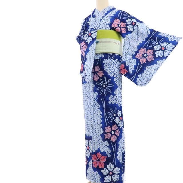 Y-921◆夏着物 有松鳴海絞『ウルトラマリン×撫子』居敷当て付 手縫 高級浴衣