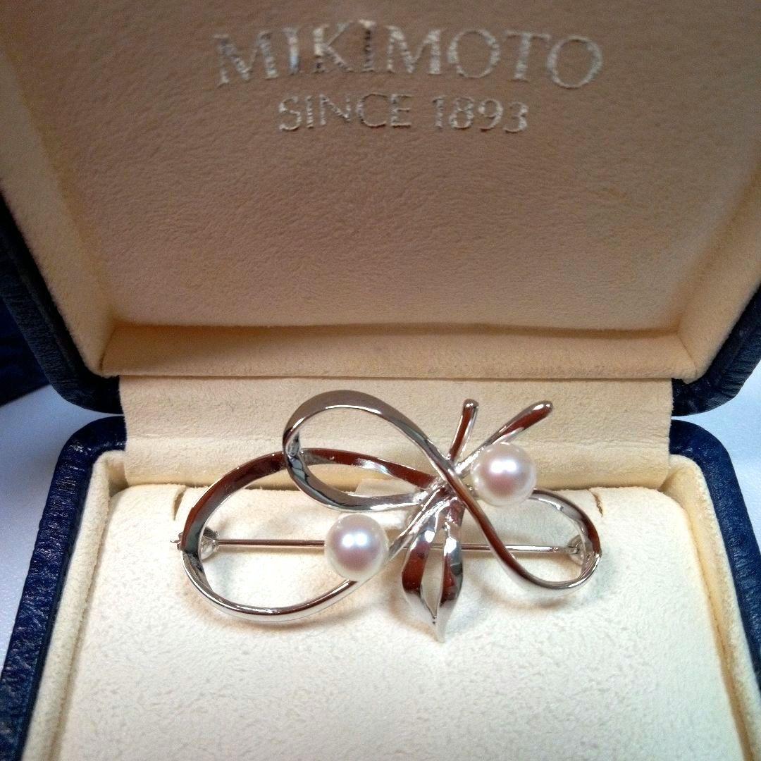 MIKIMOTO ヴィンテージ シルバー パールブローチ リボンリーフ