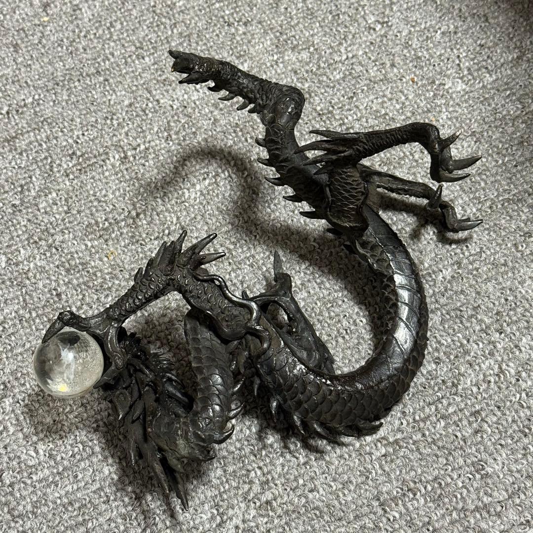 時代金工美術 銘あり 龍 水晶玉付 置物 床置