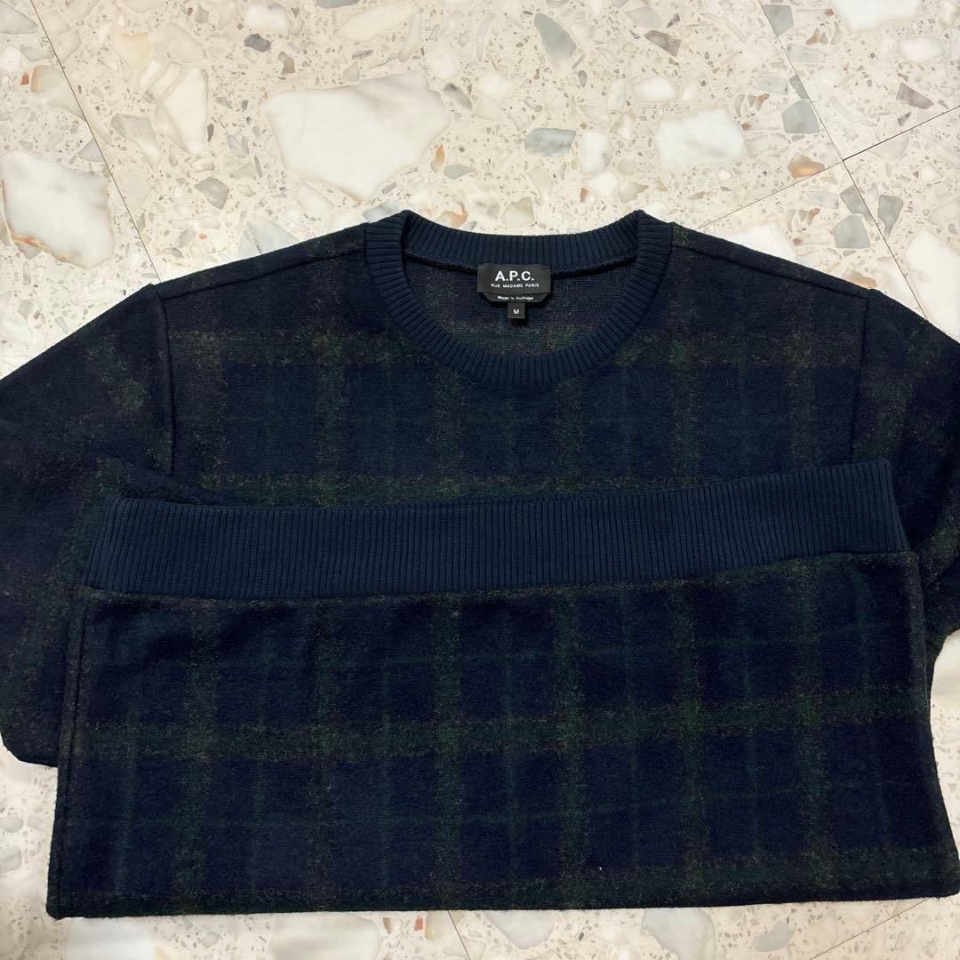 A.P.C. Mメンズ クルーネック　ウール　長袖スウェット　チェック　紺 緑