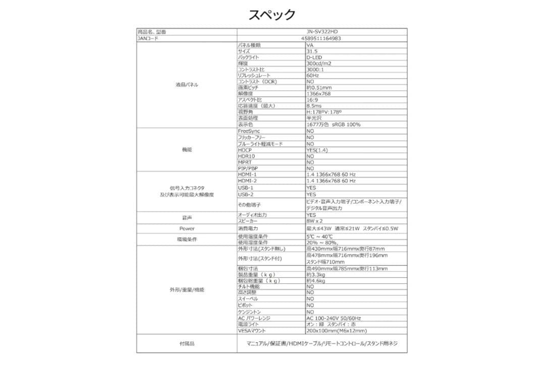 ジャパンネクスト JN-SV322HD モニター 31.5インチ FWXGA