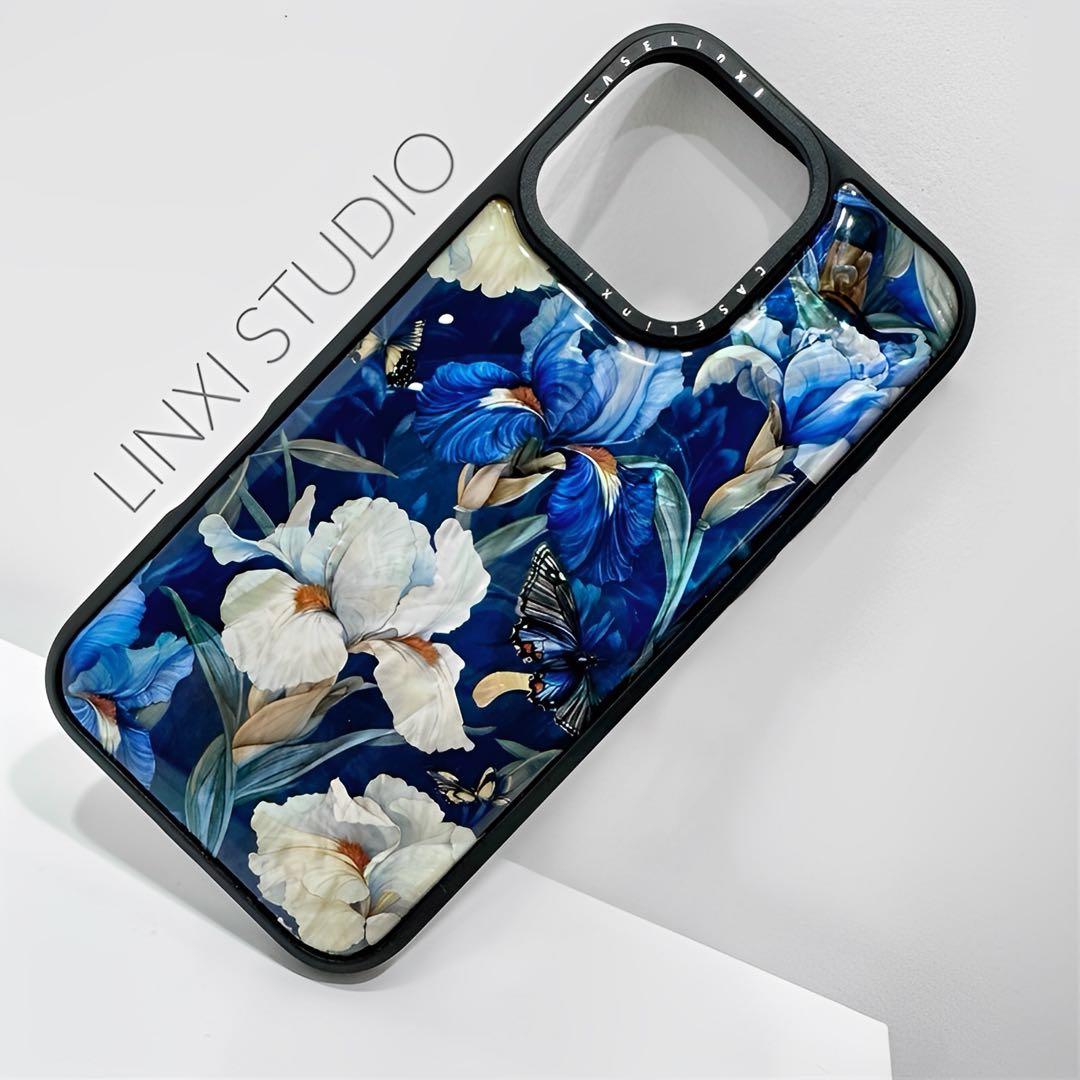 天然シェル♡キラキラ アイリス柄 ブルー オリジナルiPhoneケース フラワー