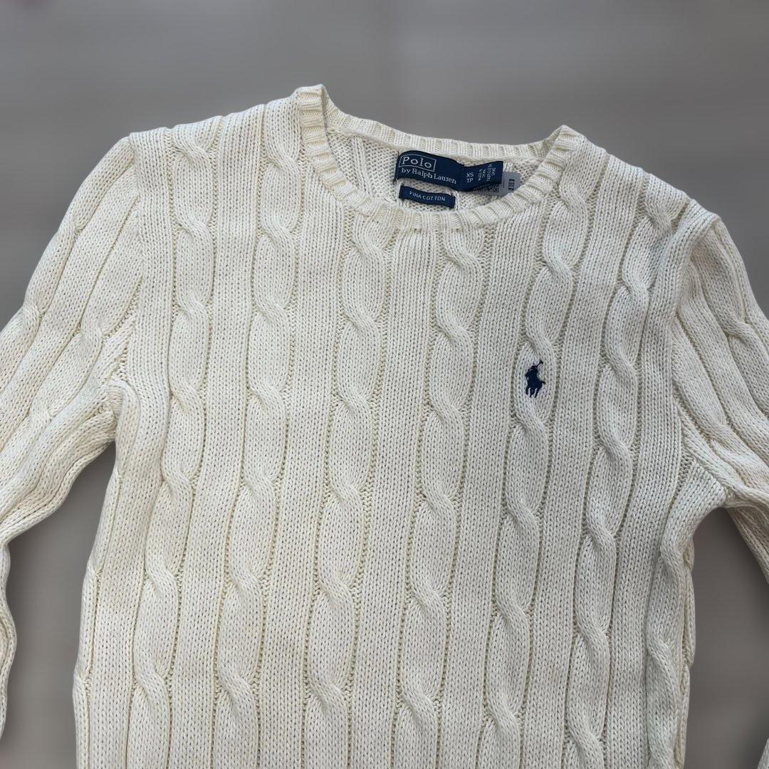 ラルフローレン ケーブル編みニット　コットン　クルーネック XS アイボリー