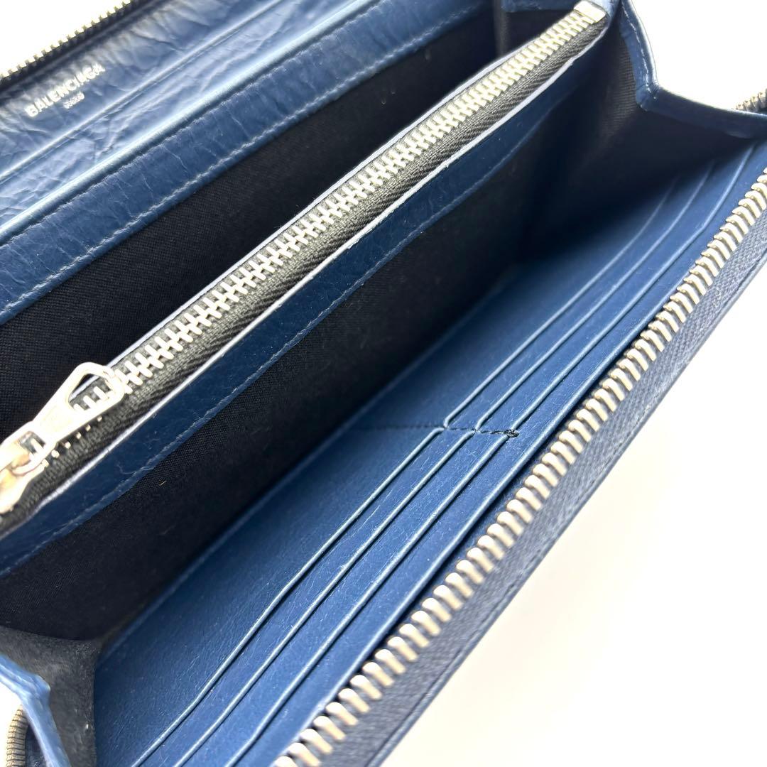 美品 バレンシアガ 長財布 ラウンドファスナー シワ加工 レザー ネイビー
