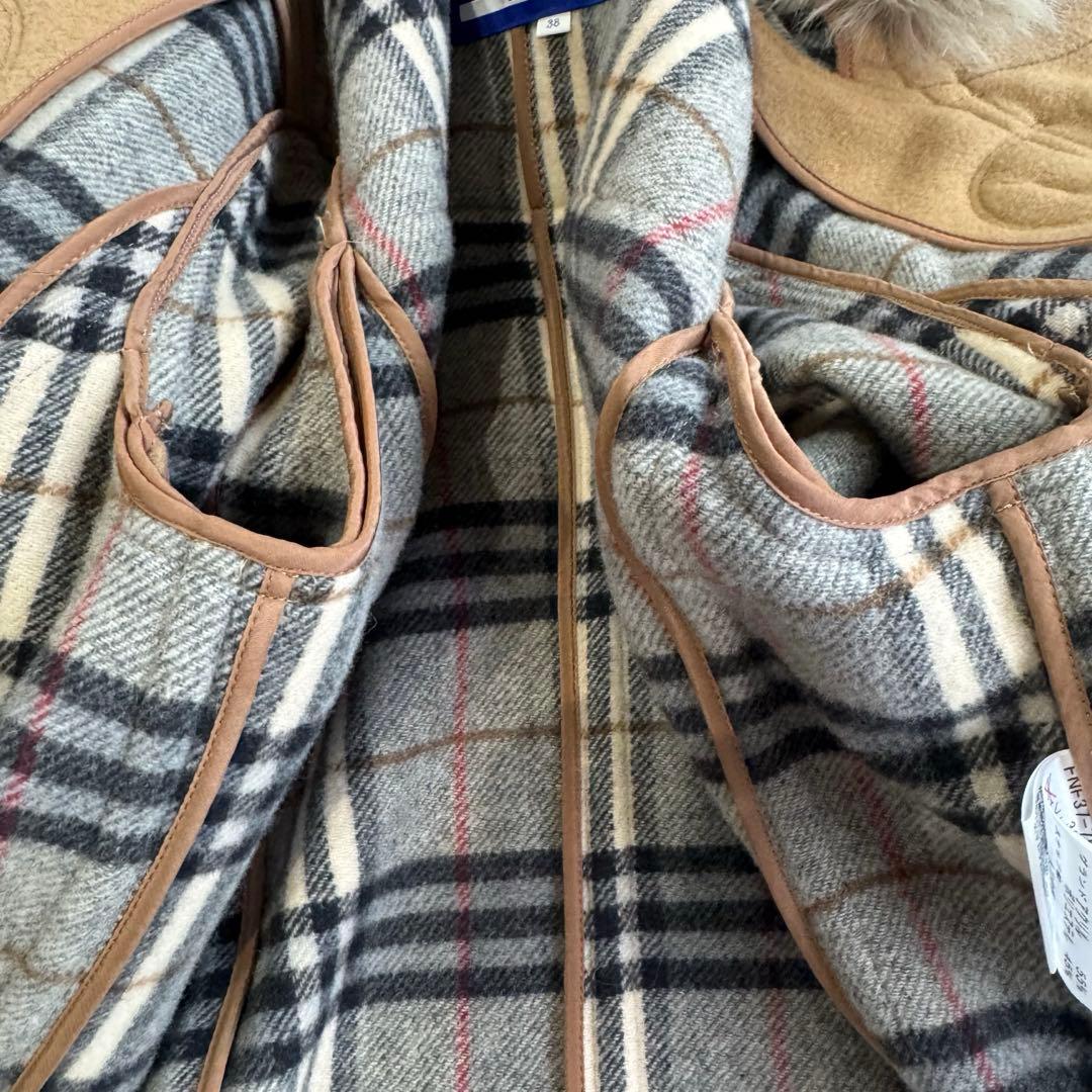 【バーバリーブルーレーベル】ダッフルコート　ロング　ファー　ノバチェック　茶