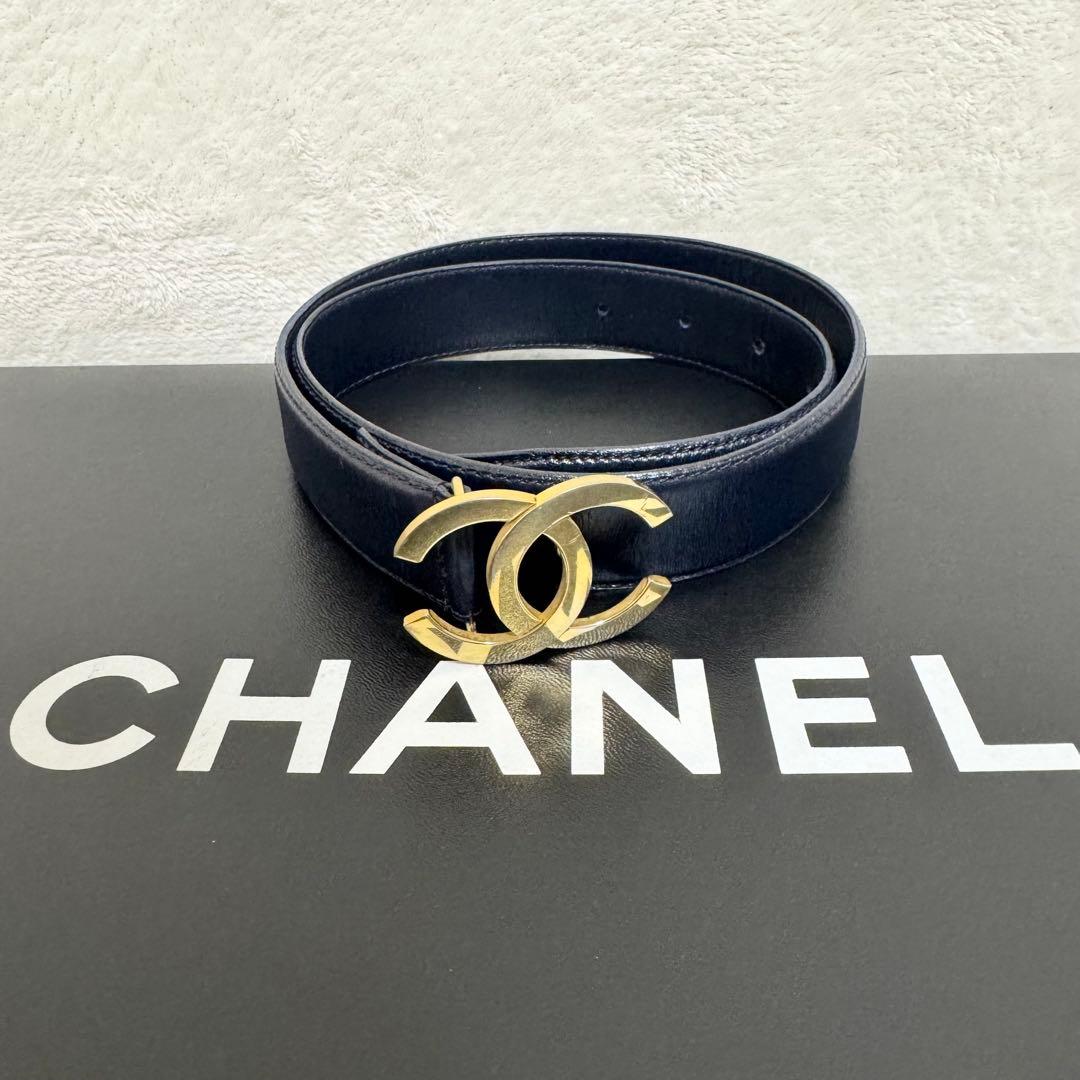 【美品】シャネル CHANEL ベルト レザー ココマーク ダークネイビー 希少