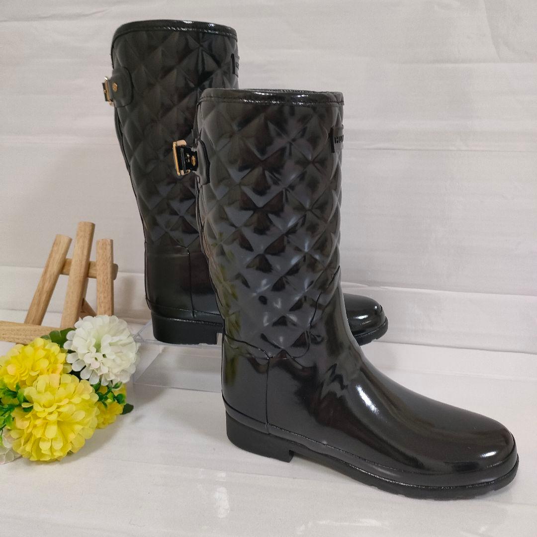 未使用級 HUNTER レインブーツ 金金具 リファインドグロスキルト UK6