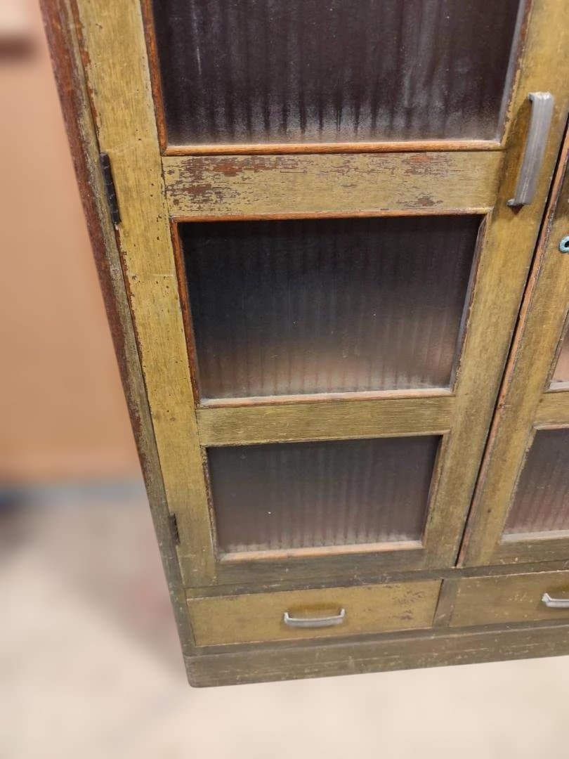 訳あり 昭和レトロ キャビネット モールガラス 収納棚 本棚 修復あり