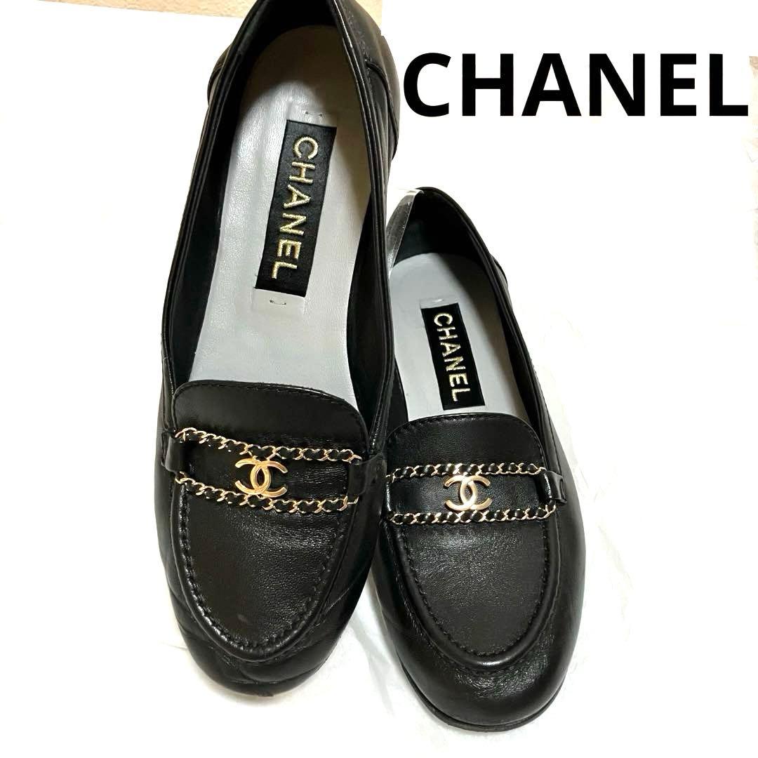 CHANEL シャネル ブラック レザー CCマーク フラットシューズ 39