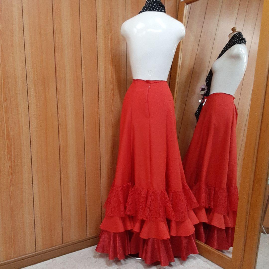 フラメンコ衣装　☆ファルダのみ☆豪華レース3段フリルレッドファルダ