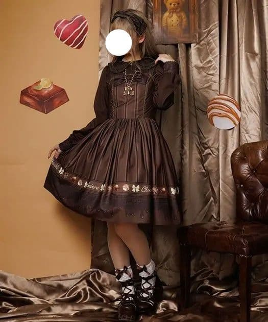 Chalmiere シャルミエール ボンボンショコラ柄ジャンパースカート 茶