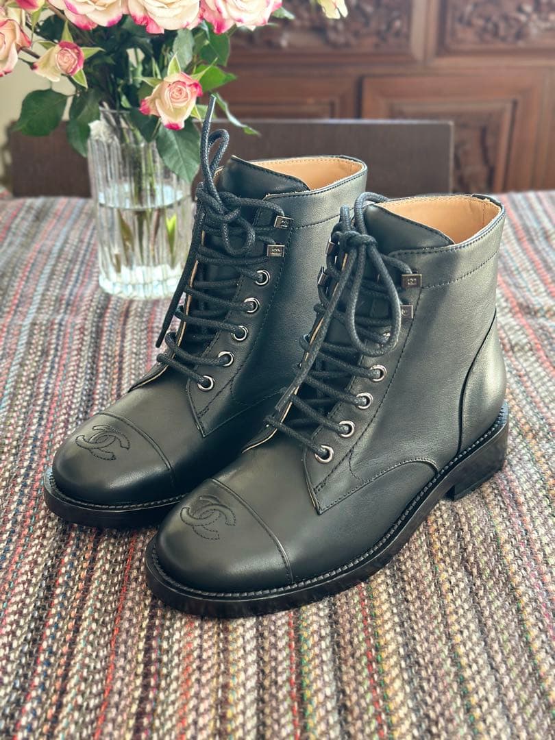 シャネル CHANEL ココマーク ショートブーツ チャンキーヒール 革 黒