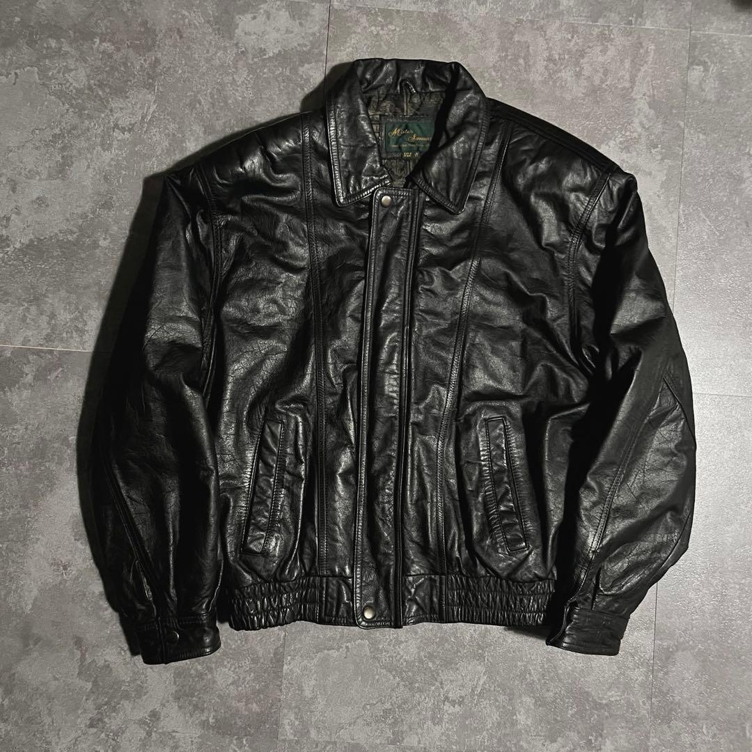 レザージャケット　ライダース　本革　ブラック　牛革　短丈　y2k 地図柄　90s