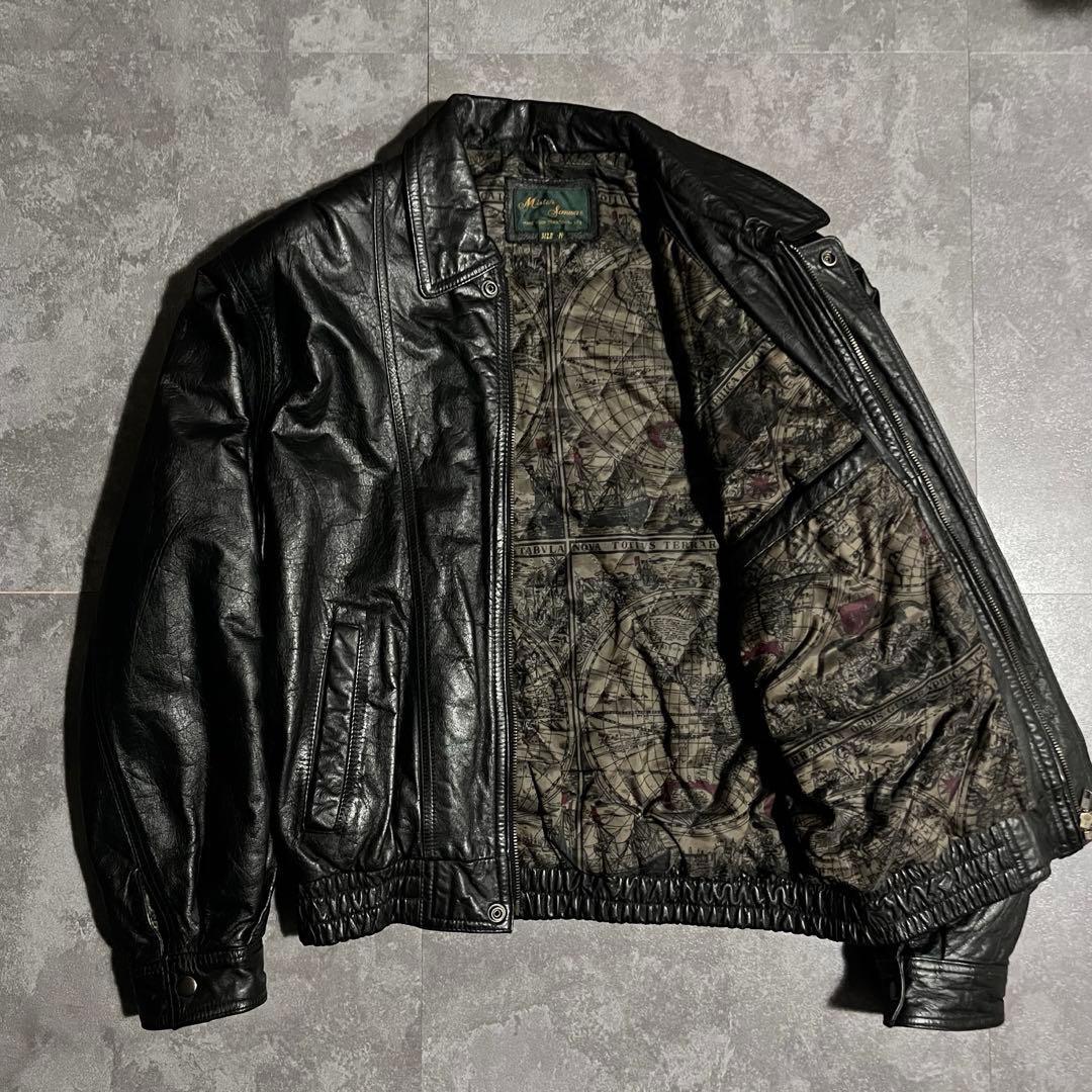 レザージャケット　ライダース　本革　ブラック　牛革　短丈　y2k 地図柄　90s