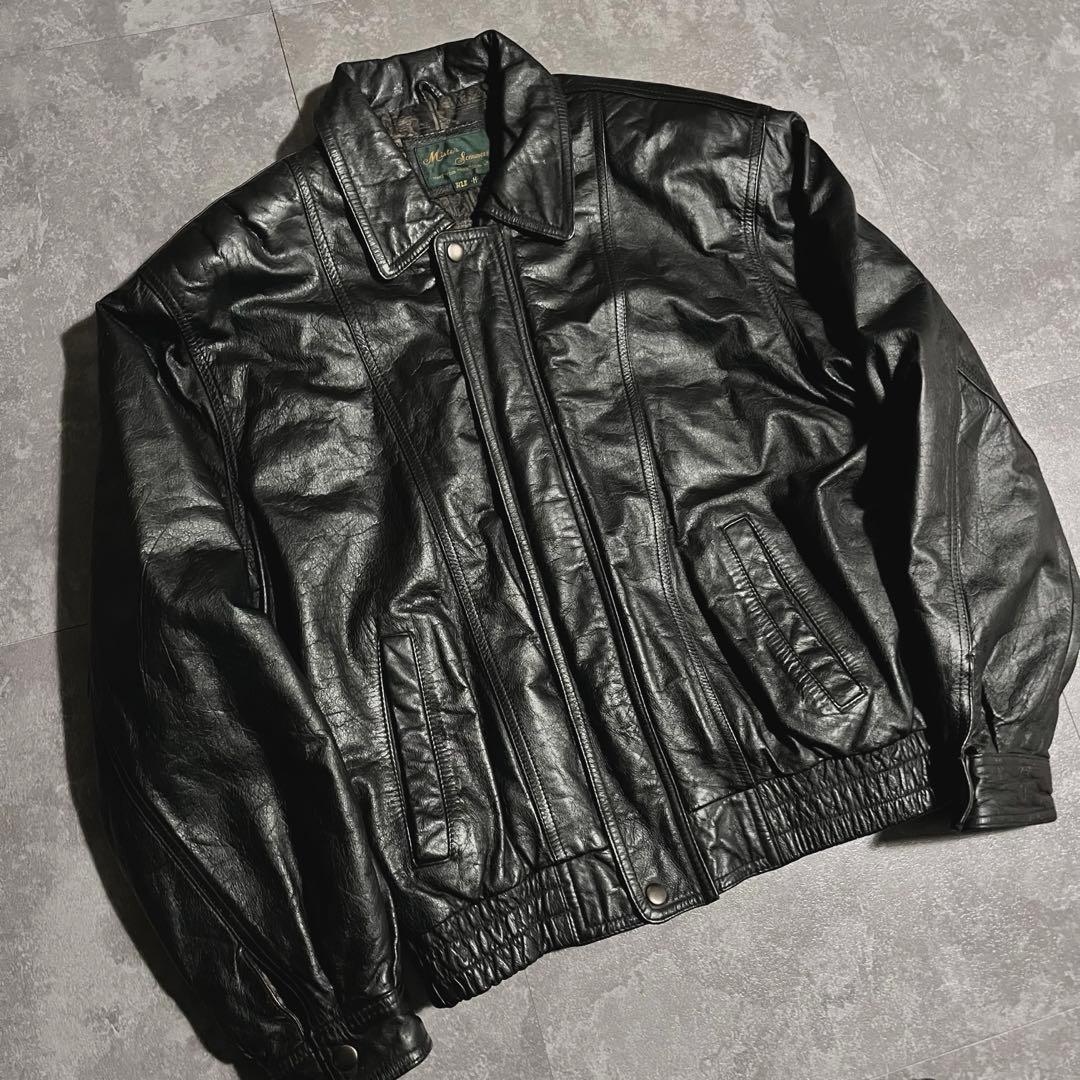 レザージャケット　ライダース　本革　ブラック　牛革　短丈　y2k 地図柄　90s