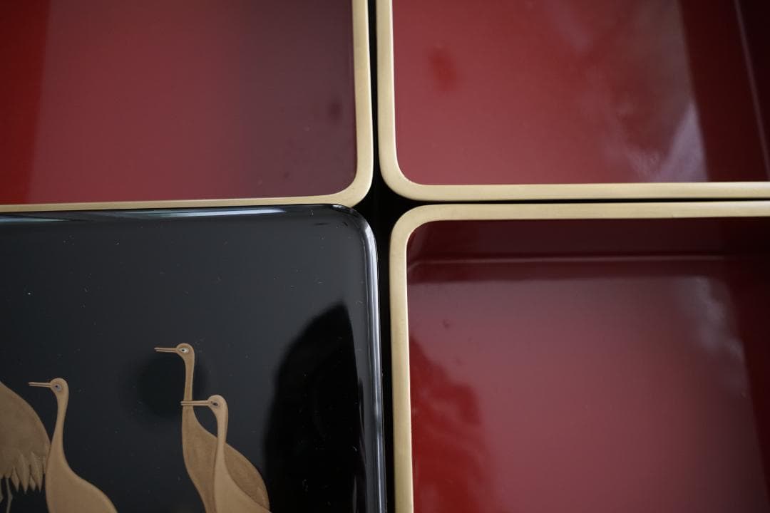 輪島塗　蒔絵師　庄峰　蓬莱蒔絵　四段重箱　重台付