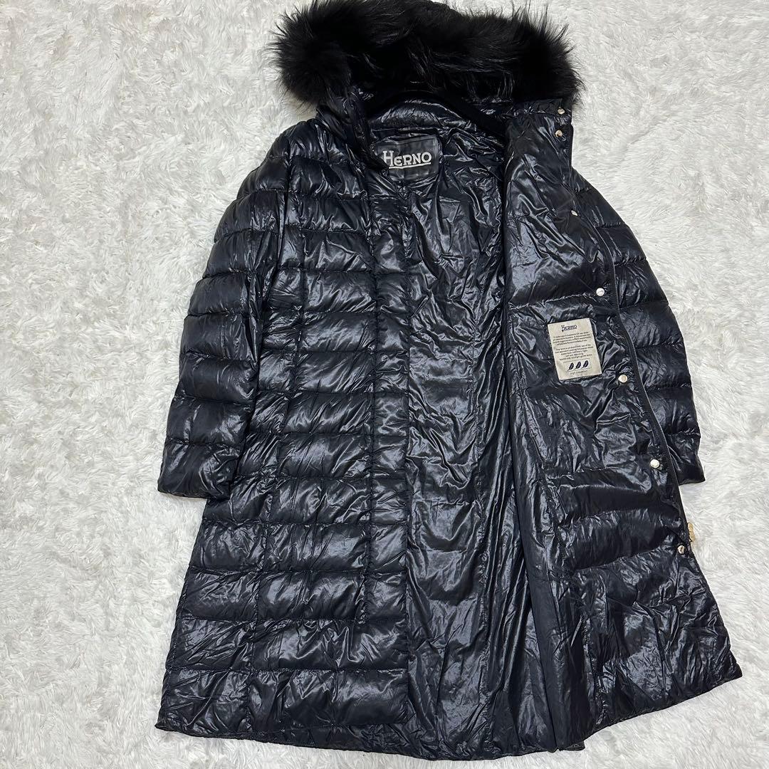 HERNO ダウンコート　ヘルノ　ブラック　タヌキファー　Aライン　ロング丈