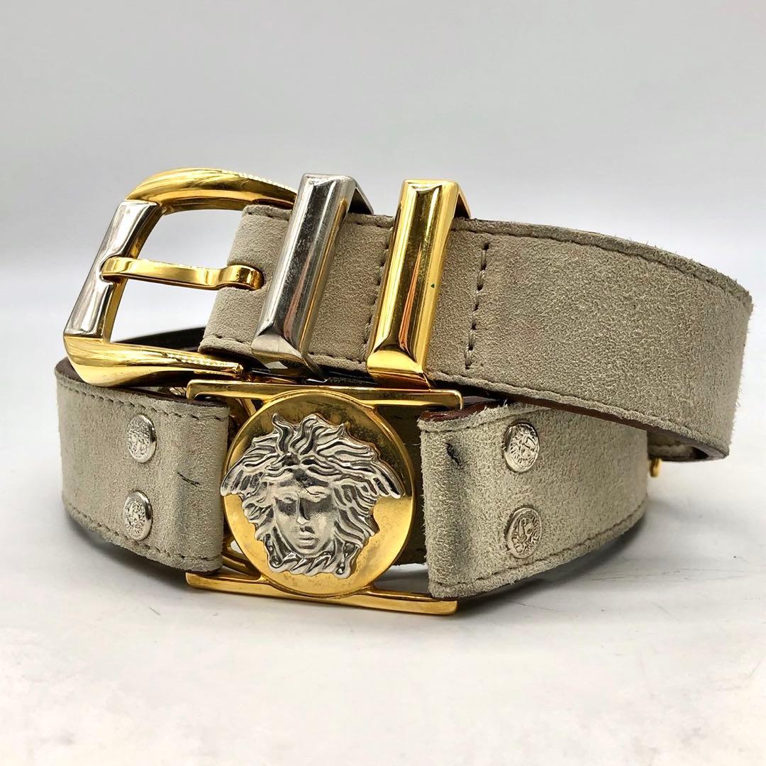 【美品】ヴェルサーチ ベルト メデューサ スウェード ベージュ ゴールド 95