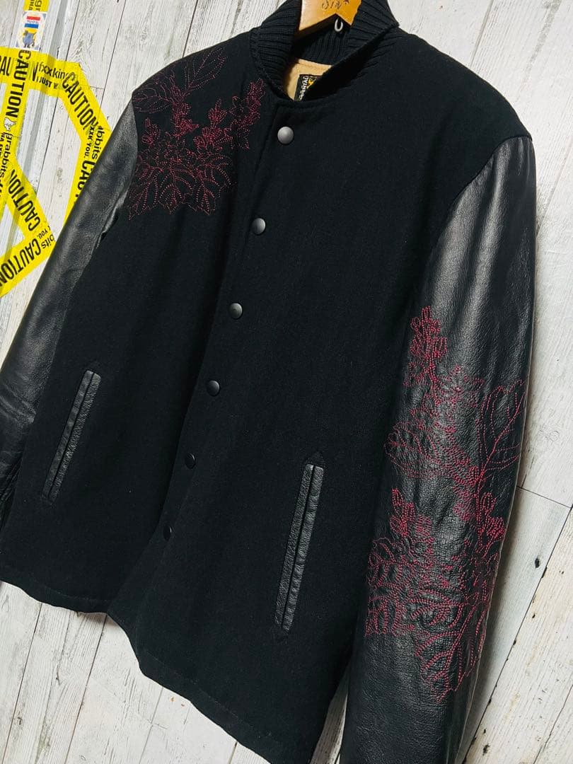 極限定 錦 スカジャン 切り替え 本革レザー 伝説銀鳳凰 銀 刺繍 絡繰魂 黒