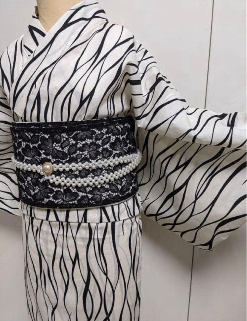 ゆかた Lサイズと、浴衣ようパール帯締めのセット ホワイト✖ブラック