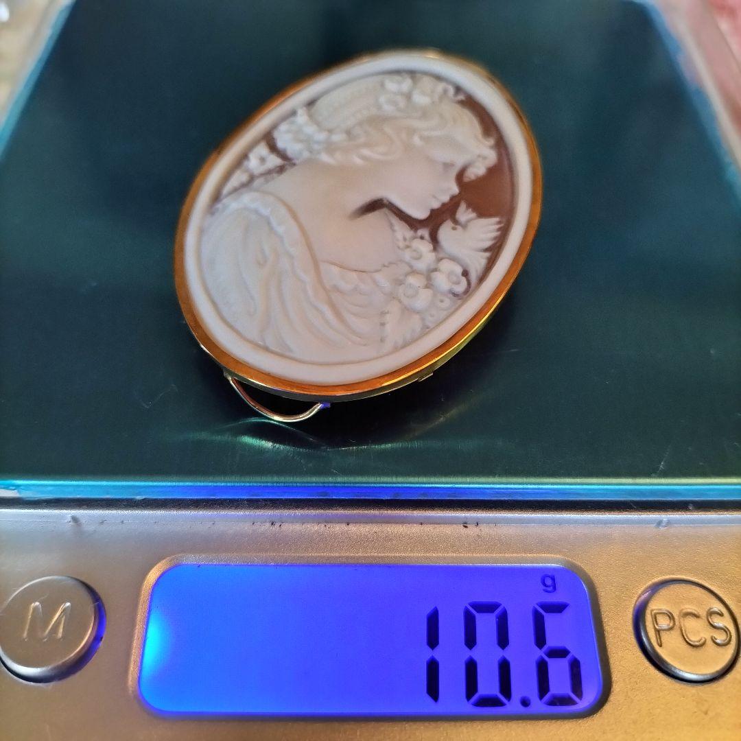 K18カメオ　シェル❛小鳥と少女❜モチーフ　ブローチ・ネックレス両用　他未使用