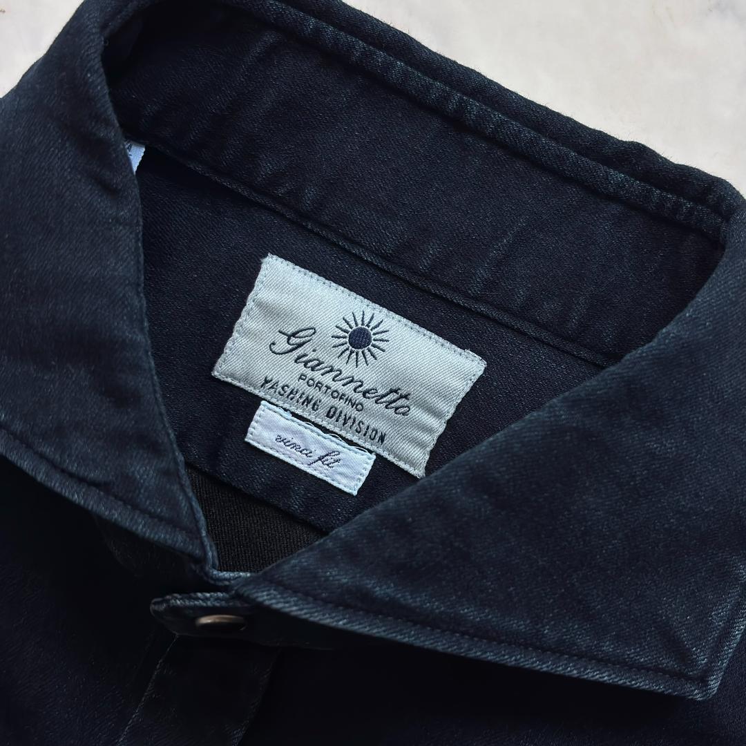 美品 ジャンネット デニムシャツ 長袖 カッタウェイ 太陽アイコン 濃紺 tu6