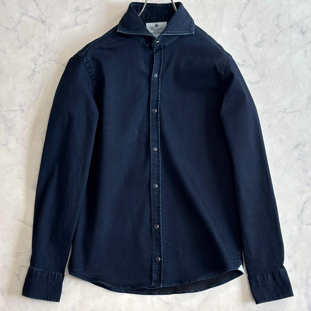 美品 ジャンネット デニムシャツ 長袖 カッタウェイ 太陽アイコン 濃紺 tu6