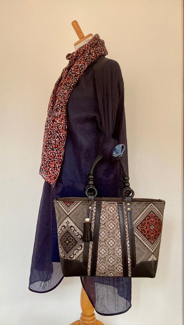 龍郷 大島紬×本革 着物リメイク トートバッグ 和装バッグ ハンドメイド A4