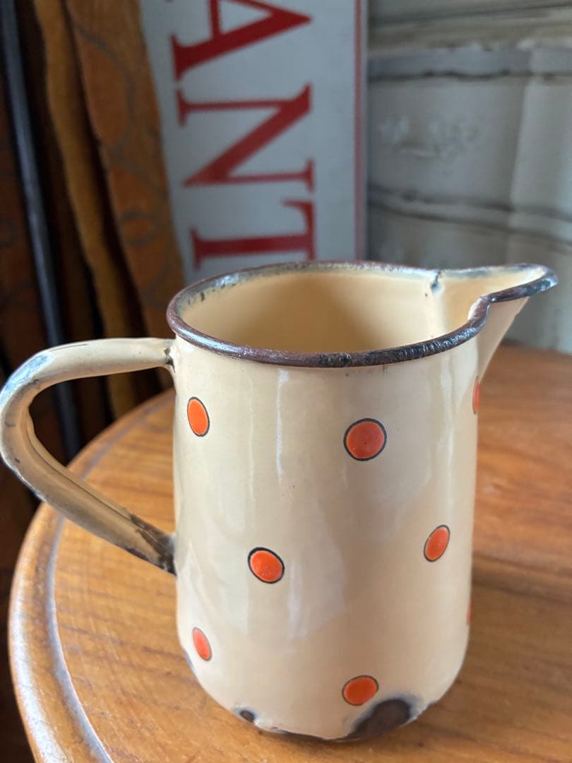 フランス　アンティーク　ホーロー　ピッチャー　ジャグ　ポルカ　ドット　水玉　レア