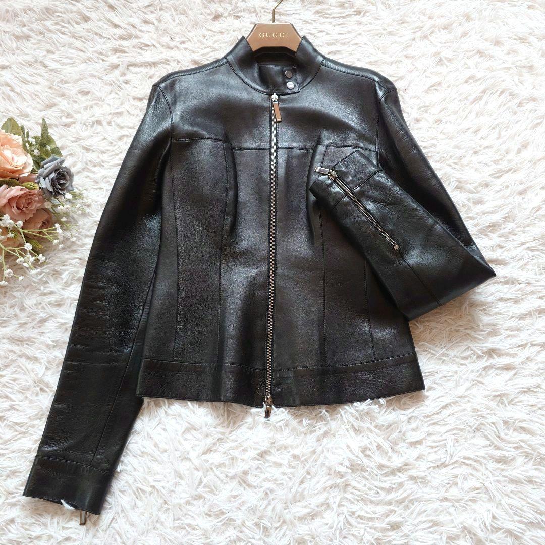 GUCCI　グッチ　牛革　レザージャケット　シングル　ライダース　ファスナーロゴ