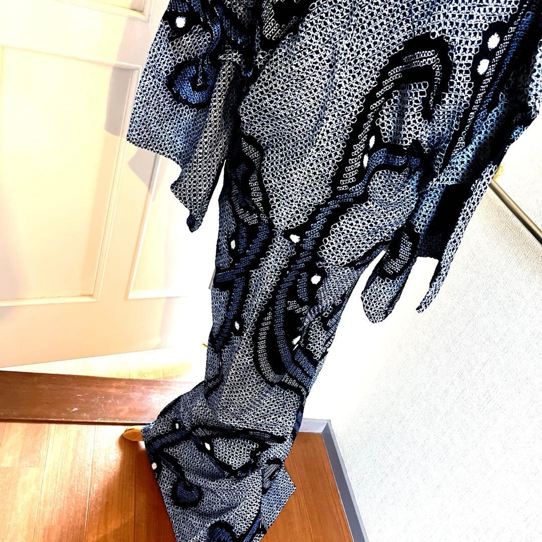 有松鳴海絞り 唐草模様 広襟そう手縫い仕立て 濃紺×ブルー 洗い済み 美品S