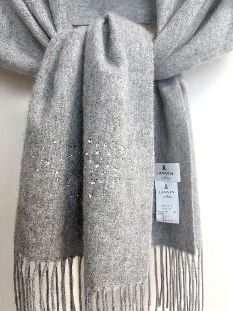 ランバンオンブルー フォックス＆タヌキファー×カシミヤ100%ビジュー付マフラー