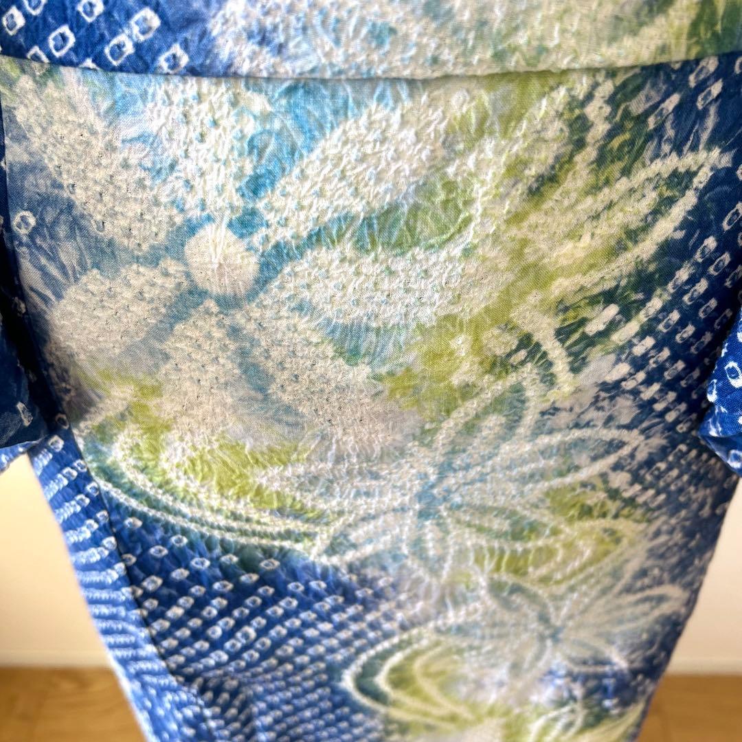 やまと謹製　裄70 有松絞り　絞り浴衣　花柄　藍色×白