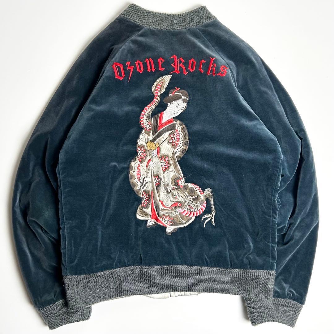 00s【希少】オゾンロックス/別珍スカジャン/刺繍/ダークブルー/Lサイズ