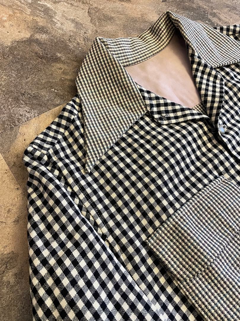 40s Vintage ウールオープンカラー クレイジーチェック ウール シャツ