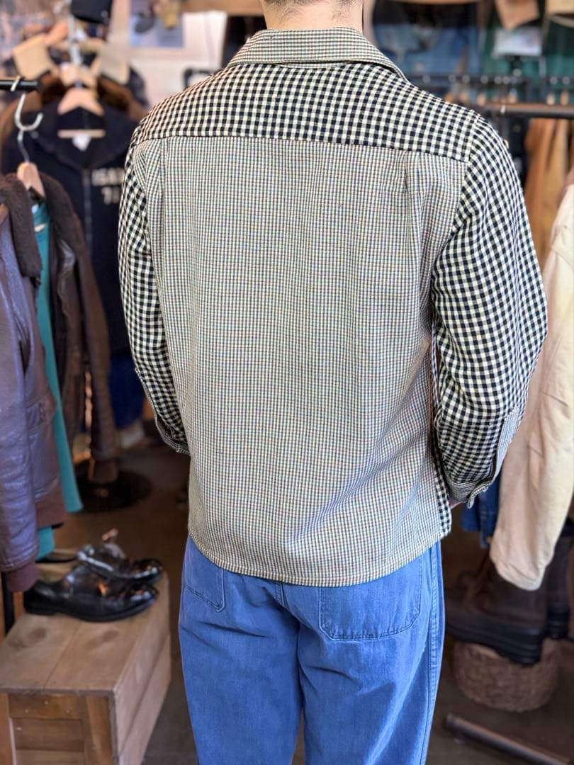 40s Vintage ウールオープンカラー クレイジーチェック ウール シャツ