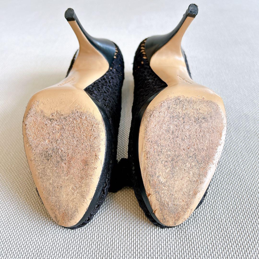 FERRAGAMO ブラック レース ヴァラ リボン　ハイヒール　7