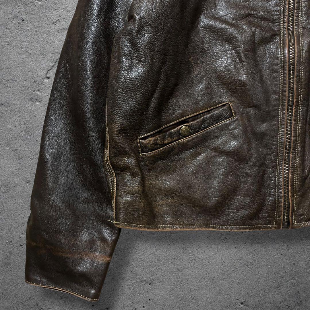 雰囲気◎レザードリズラーブラウンXLジップアップ短丈エイジングシングルライダース