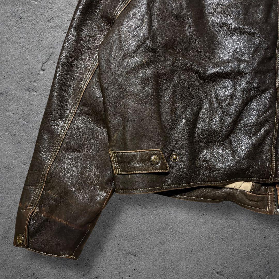 雰囲気◎レザードリズラーブラウンXLジップアップ短丈エイジングシングルライダース