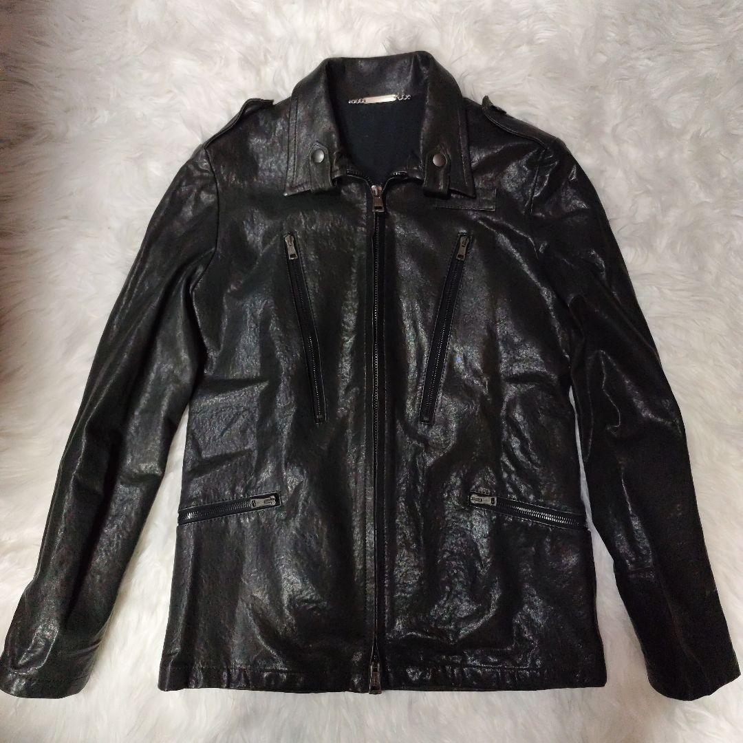 AKM　黒ラムレザー （羊革）シングルライダースジャケット・ラムレザージャケット