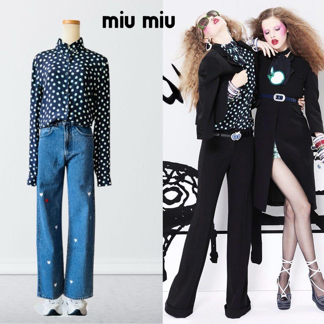 MIU MIU ミュウミュウ 水玉 シルク ブラウス 44 ネイビー